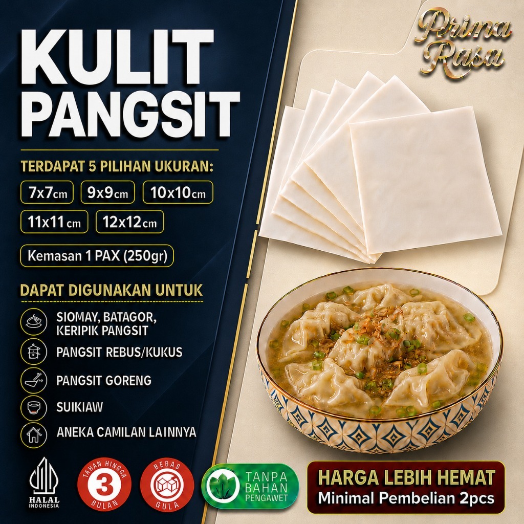 Prima Rasa - Kulit Pangsit Kotak Rebus Goreng Anti Sobek Kulit Pangsit Mentah Ukuran 7-12cm Halal