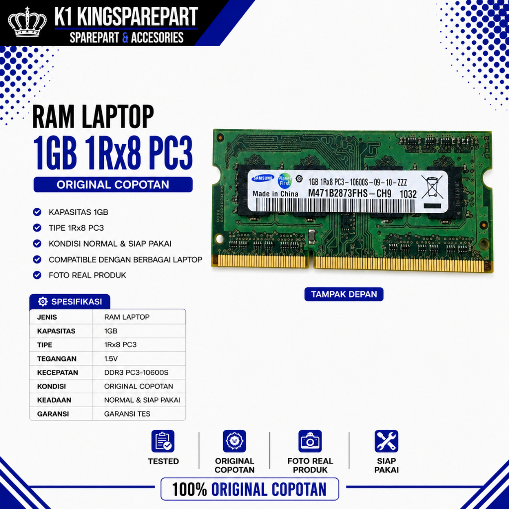RAM Laptop 1GB 1Rx8 PC3 PC3-10600S DDR3 Original Copotan Tested Berfungsi Normal Siap Pakai Foto Rea