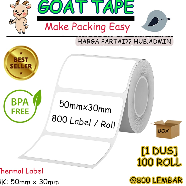 Kertas Sticker Label Thermal Resi 50x30 mm | isi 800 Lembar per Roll [BOX]