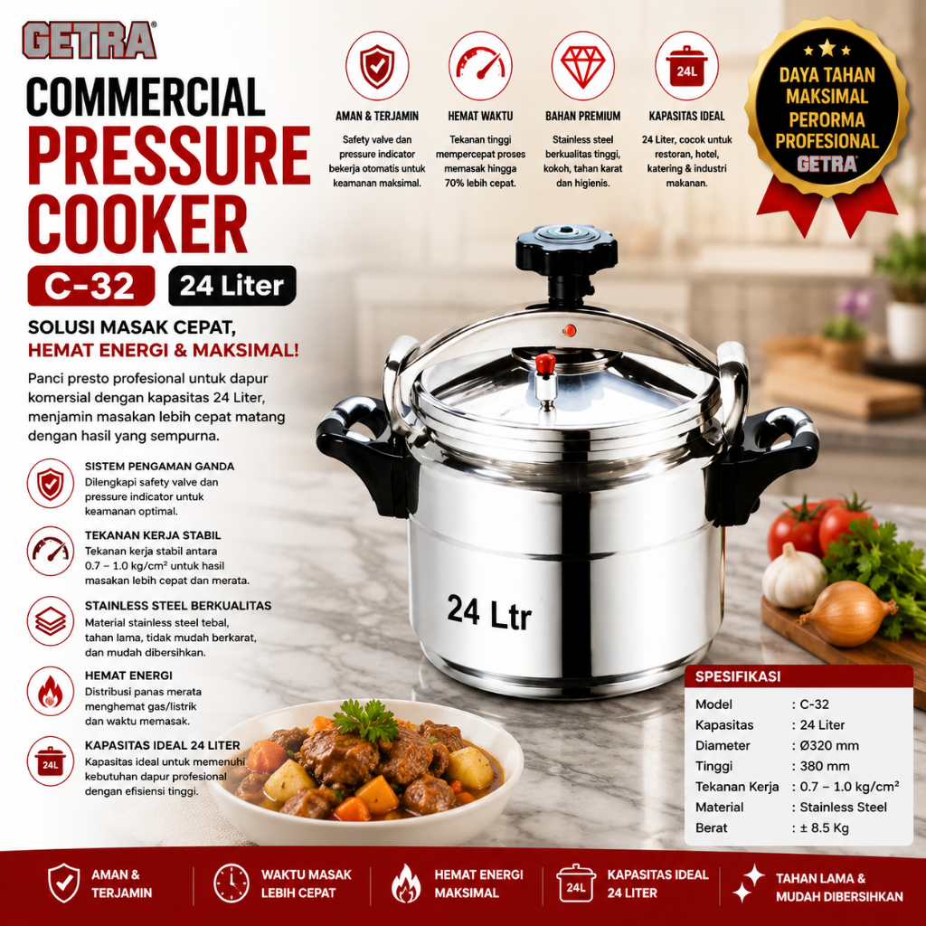 GETRA PANCI PRESTO 24 LITER / COMMERCIAL PRESSURE COOKER (GETRA) C-32
