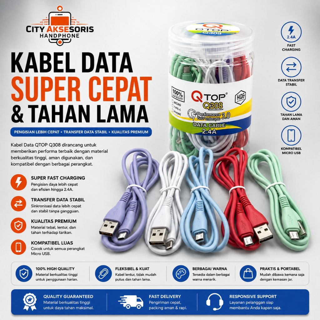 [ECER] Kabel Data Qtop MICRO TYPE C Bulat Kabel Charger Casan Qtop Lightning Bulat
