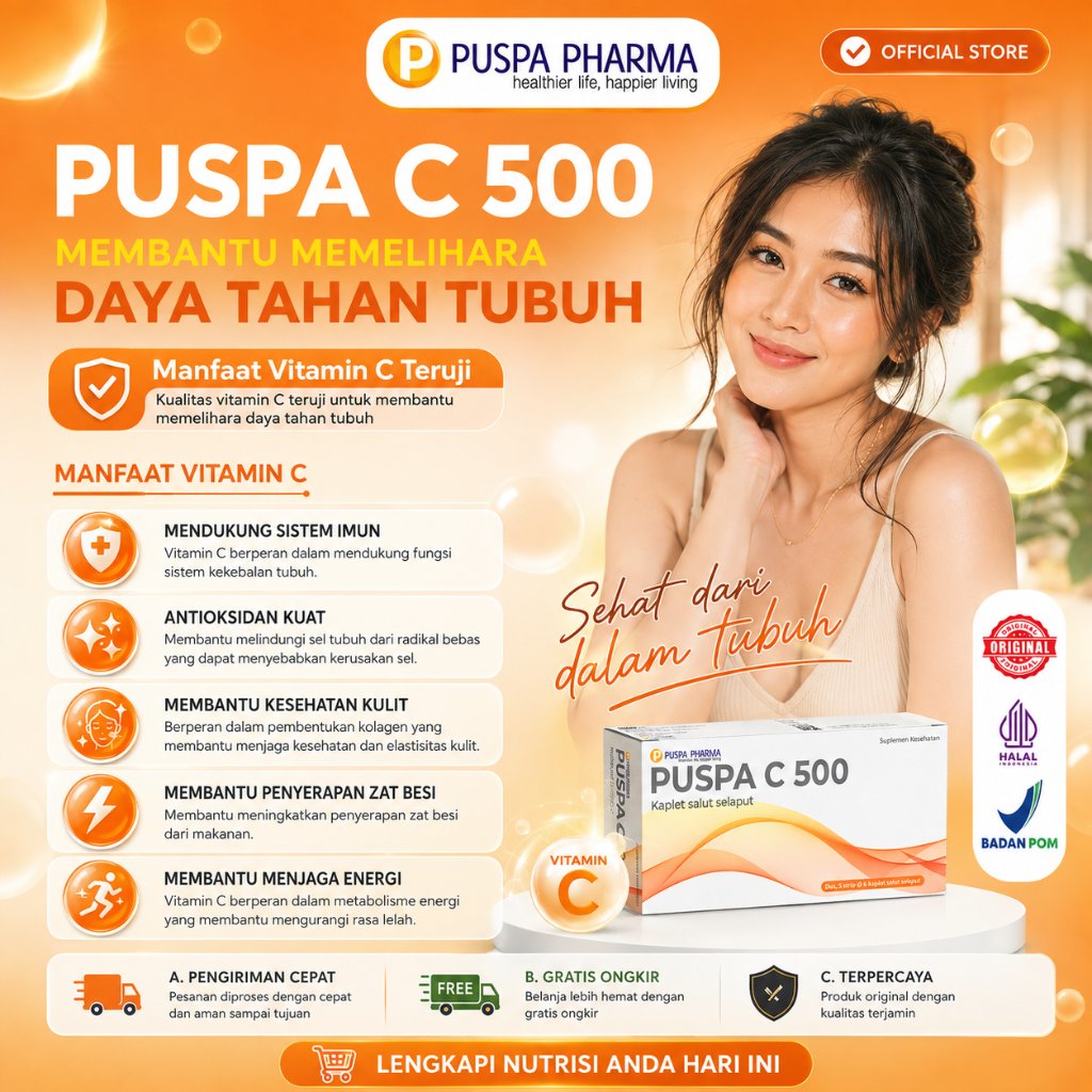 Puspa C 500 mg Box - Menjaga daya tahan tubuh - Isi 5 Strip @ 6 Caplet (30 Caplet)