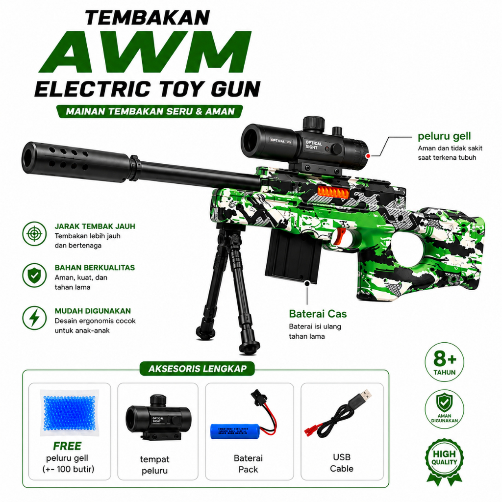 Mainan Tembakan Senapan AWM Elektrik Peluru Gel Baterai Cas Recharge Water Gel Gun Sniper Sniper Rif