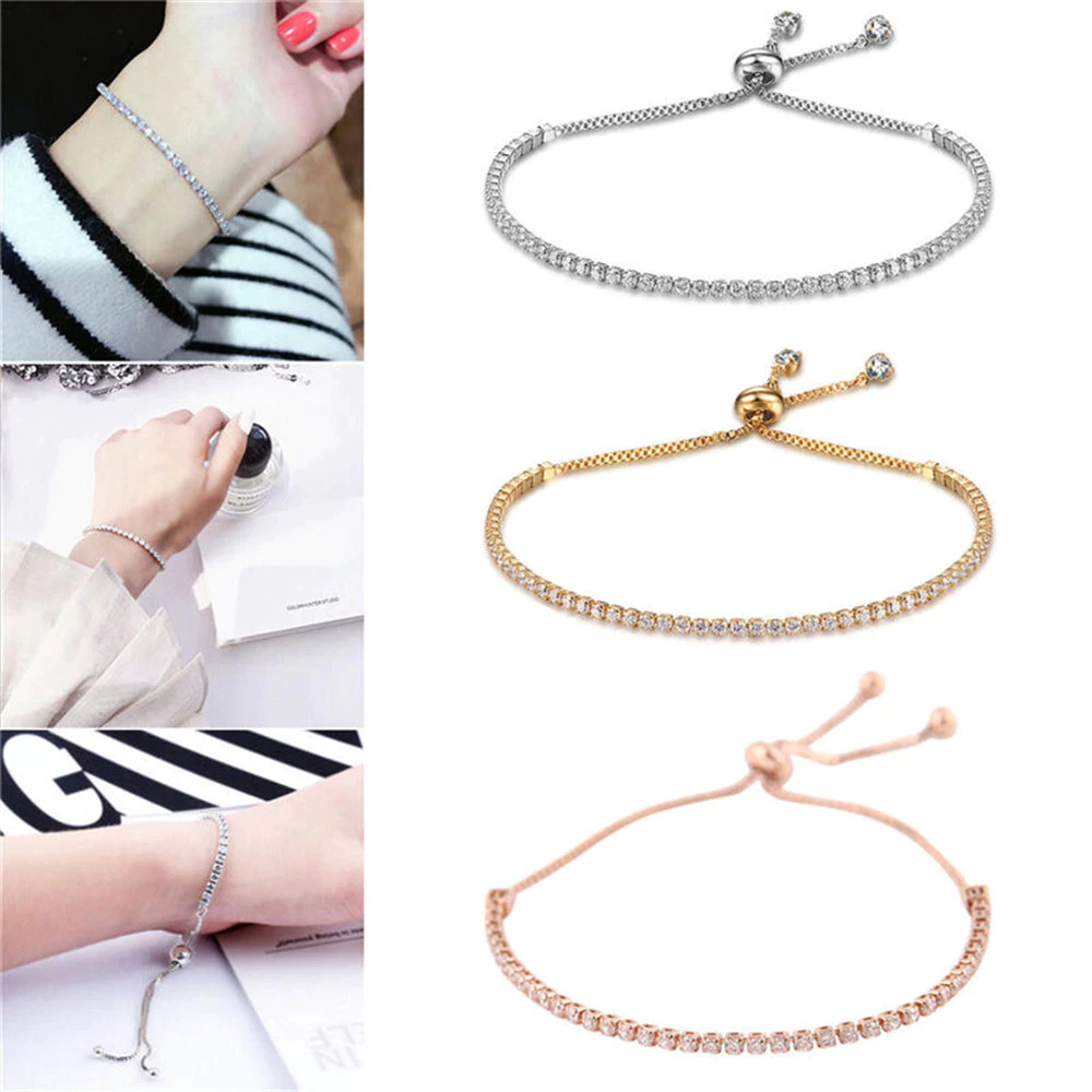 Gelang Serut Titanium Asli Emas Putih Yang Bisa Disesuaikan / Gelang Wanita Fashion Berlian Imitasi 