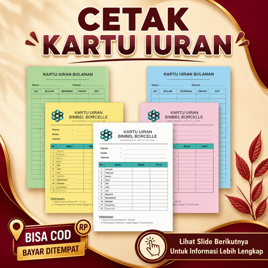 CETAK Kartu Infaq Custom,kartu Iuran Iuran Bulanan Spp Iuran Kas Sampah Air Listrik