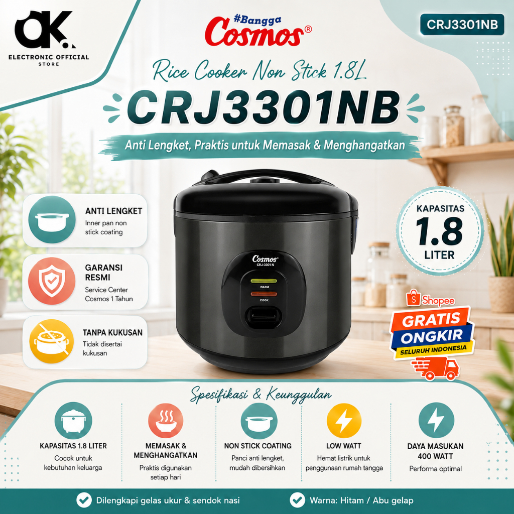 COSMOS Rice Cooker Cosmos CRJ 3301NB - 1.8Liter / CRJ 3301N-B/CRJ3301NB/CRJ-3301-NB/BERGARANSI