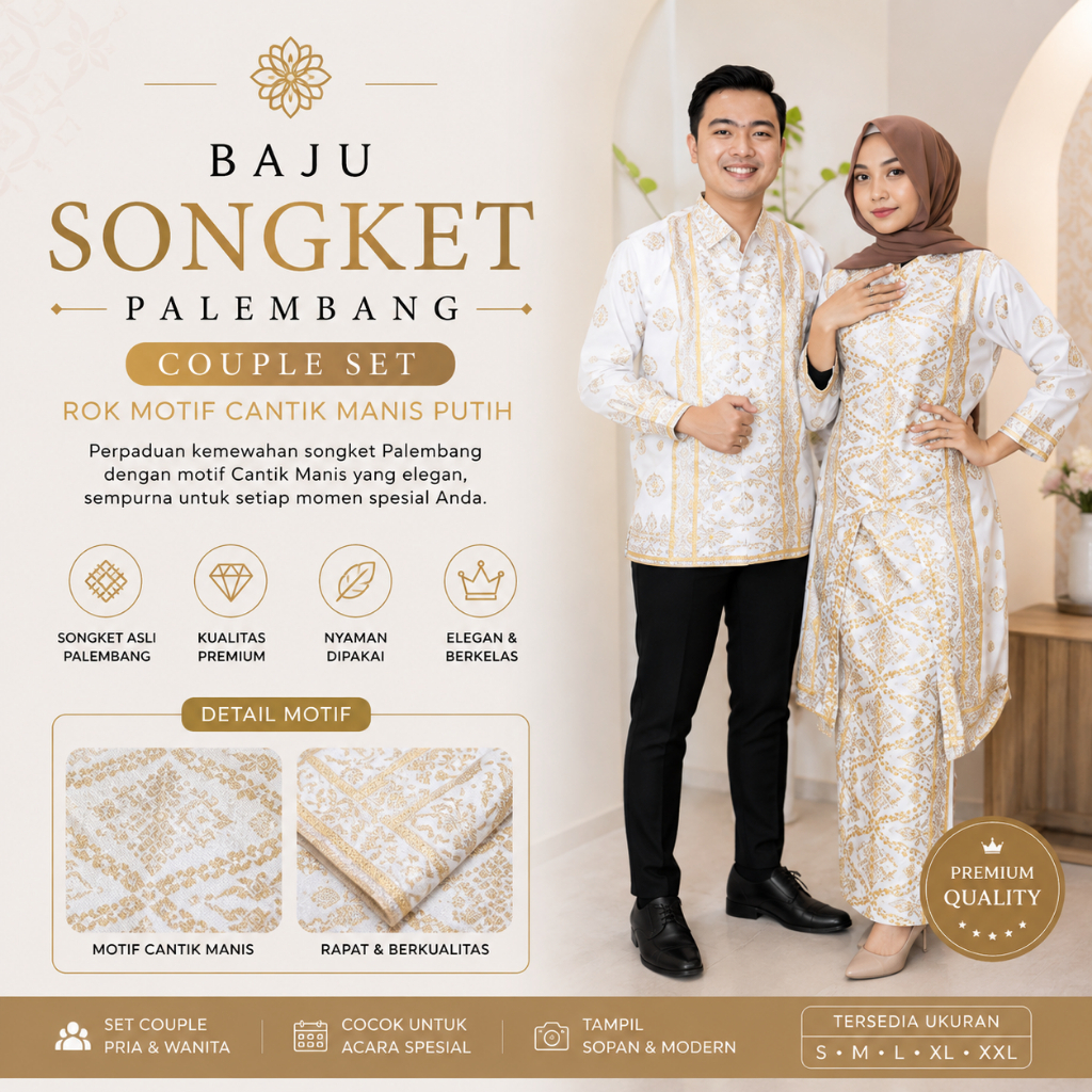Baju Songket Palembang Couple | Yoko Songket | Set Rok Batik Cantik Manis Putih Keluarga Elegan
