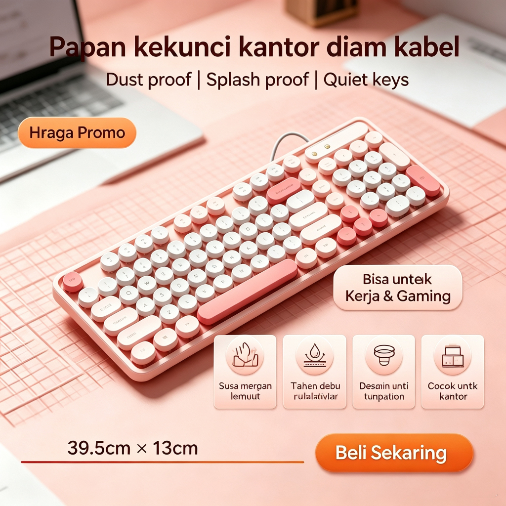 BASIKE Keyboard USB K54 98 Tombol Macaron Warna Senyap Ergonomis Tahan Air Plug and Play Ringkas USB