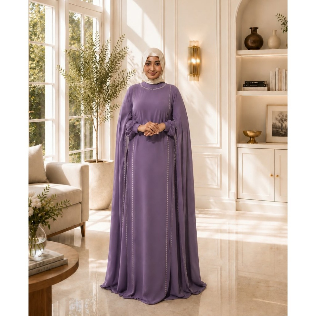 Gaun Warna Lilac - Shakila Royal Abaya Ceruty / Gamis Pesta Mewah / Busana Muslimah Polos List Payet