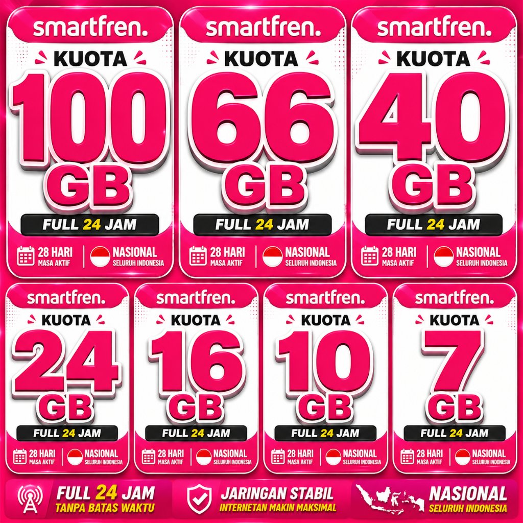 Paket Internet Smartfren 100GB 66GB 40GB 24GB 16GB 10GB 7GB 24 Jam Nasional 28 Hari 14hari