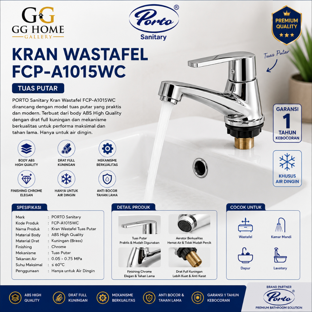 Kran Wastafel Porto Sanitary FCP-A1015WC Tuas Putar Hanya untuk Air Dingin Body ABS
