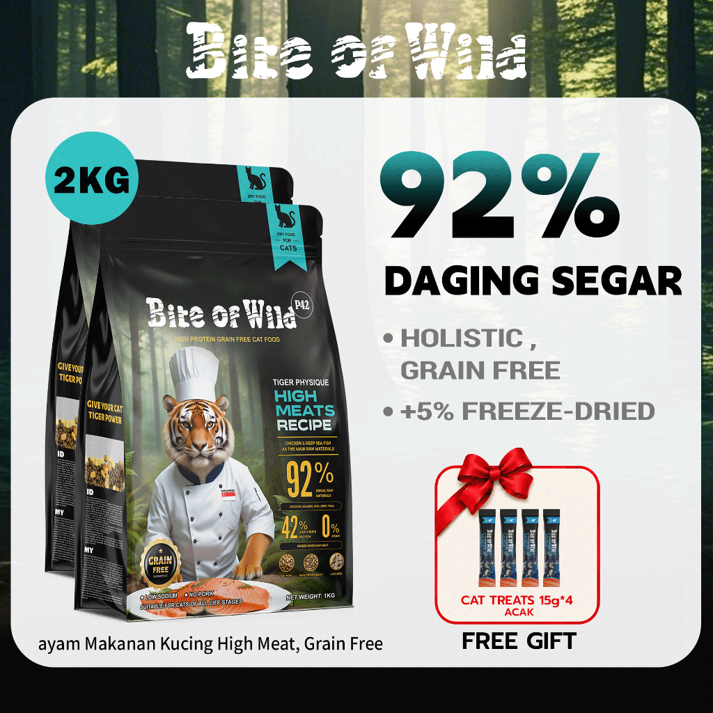 Bite Of Wild - Makanan Kucing Kering Catfood P42 Premium Grain Free 2kg dengan toping Salmon/Ayam/Da