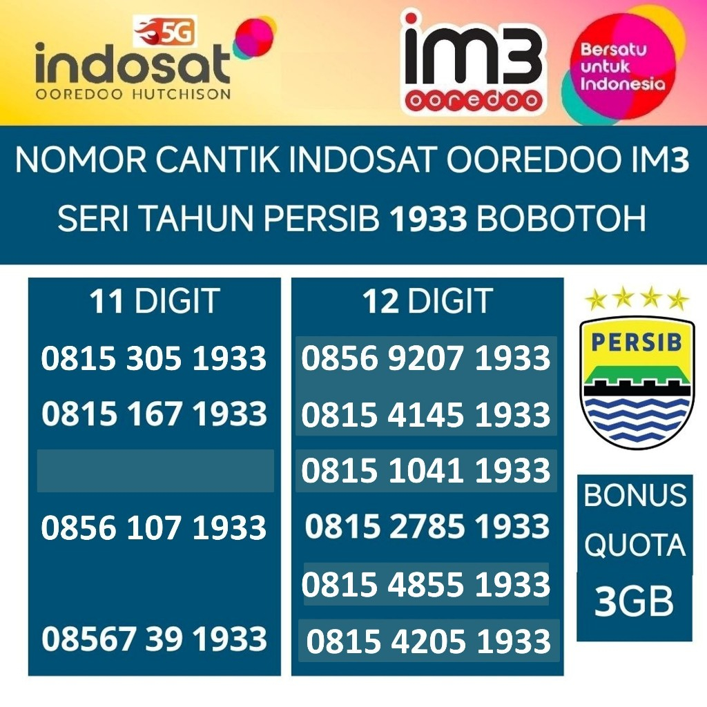 im3 persib 1933 indosat ooredoo tahun nomor cantik nomer kartu perdana bobotoh