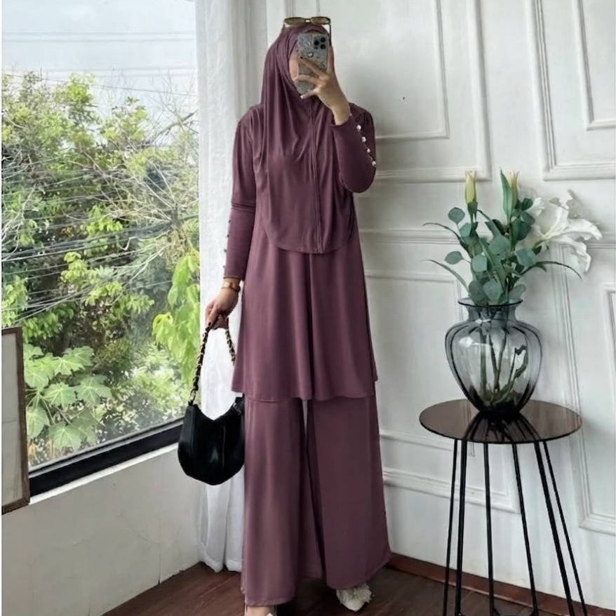Zahra Set 3in1 Jersey Premium - Setelan Tunik & Celana Kulot / Rok + Hijab Muslimah All Size