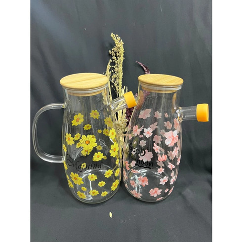 Teko Minyak Kaca Motif Bunga 1 Liter Dengan Tutup Kayu Oil Pot Wadah Minyak Dapur