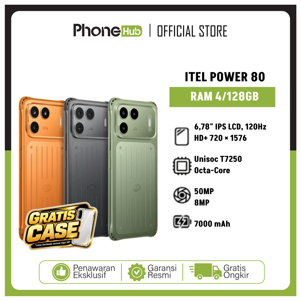 ITEL Power 80 - 4/128, Rugged Smartphone, Baterai 7000mAh, IP68/IP69 Tahan Air dan Debu