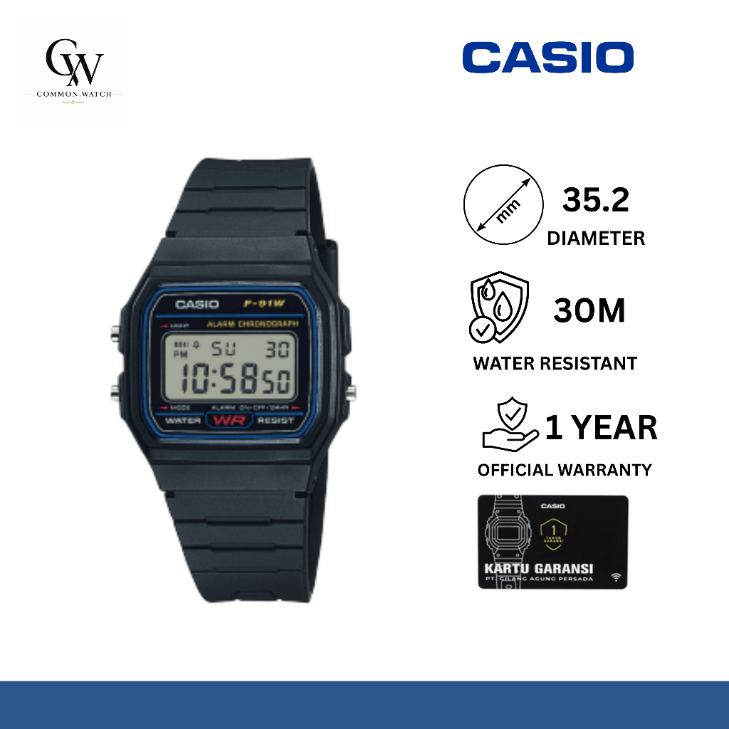 Casio Original Jam Tangan Unisex F-91W Digital Black Resin Strap F-91W-1DG/F-91W-1D/ F-91W-1