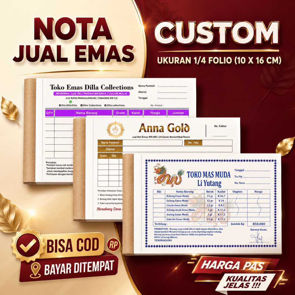 cetak nota emas, cetak nota custom,  nota custom jual beli emas ukuran 1/4 F4 1 ply / 2 ply / 3 ply 