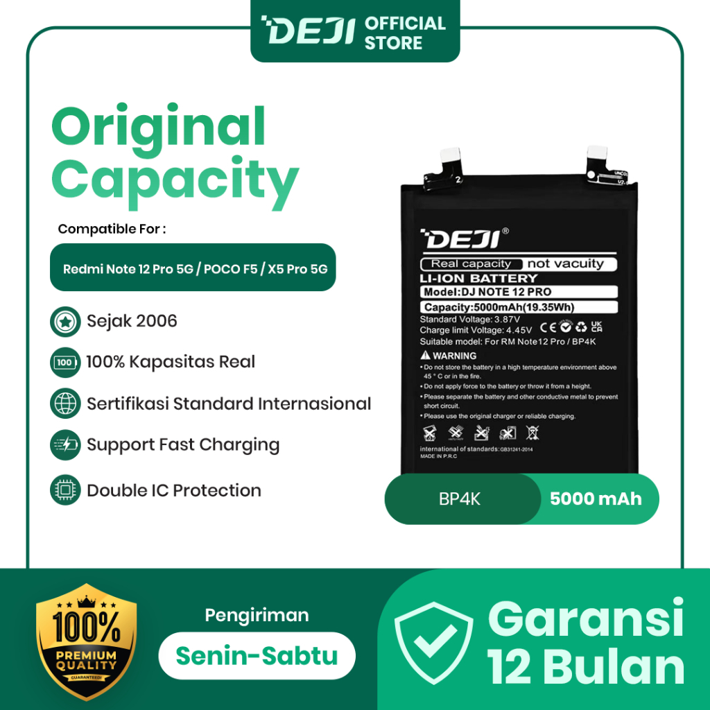 DEJI Baterai BP4K Poco F5 / X5 Pro 5G / Redmi Note 12 Pro 5G 5000mAh 3.87V