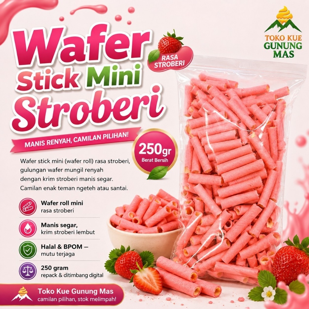Wafer Stick Mini Stroberi 250gr / Strawberry Wafer Roll Wafer Gulung Mini Manis Renyah