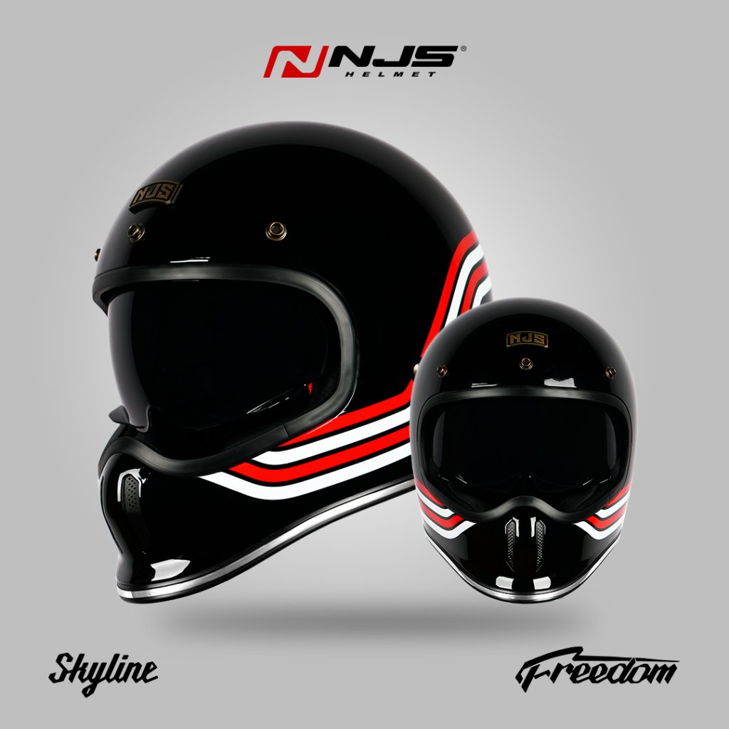 NJS FREEDOM SPORTSTER Black/Red - White - Helm Full Face | NJS | NJS Retro | Freedom | Helm NJS Moti