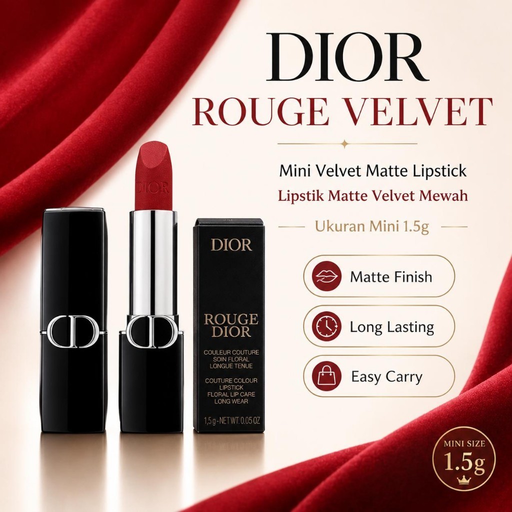 DIOR ROUGE VELVET Mini Lipstick 1.5G | Lipstik Matte Velvet Mewah Tahan Lama, Warna Elegan