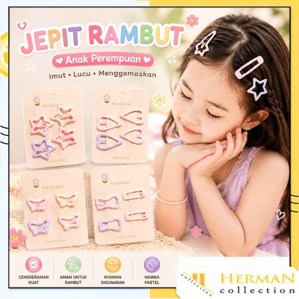 HC Jepit Rambut Jepitan Anak Korea Isi 4 Bentuk Lucu Warna Warni Pastel Poni Hair Pin Set Aksesoris 