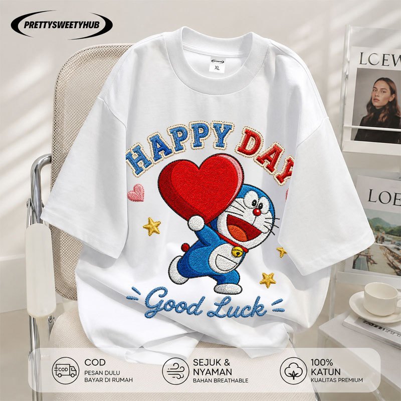 Pretty Sweety Hub - Kaos Oversize Pria Wanita Lengan Pendek Doraemon Hati Merah Cute Korean Style Co