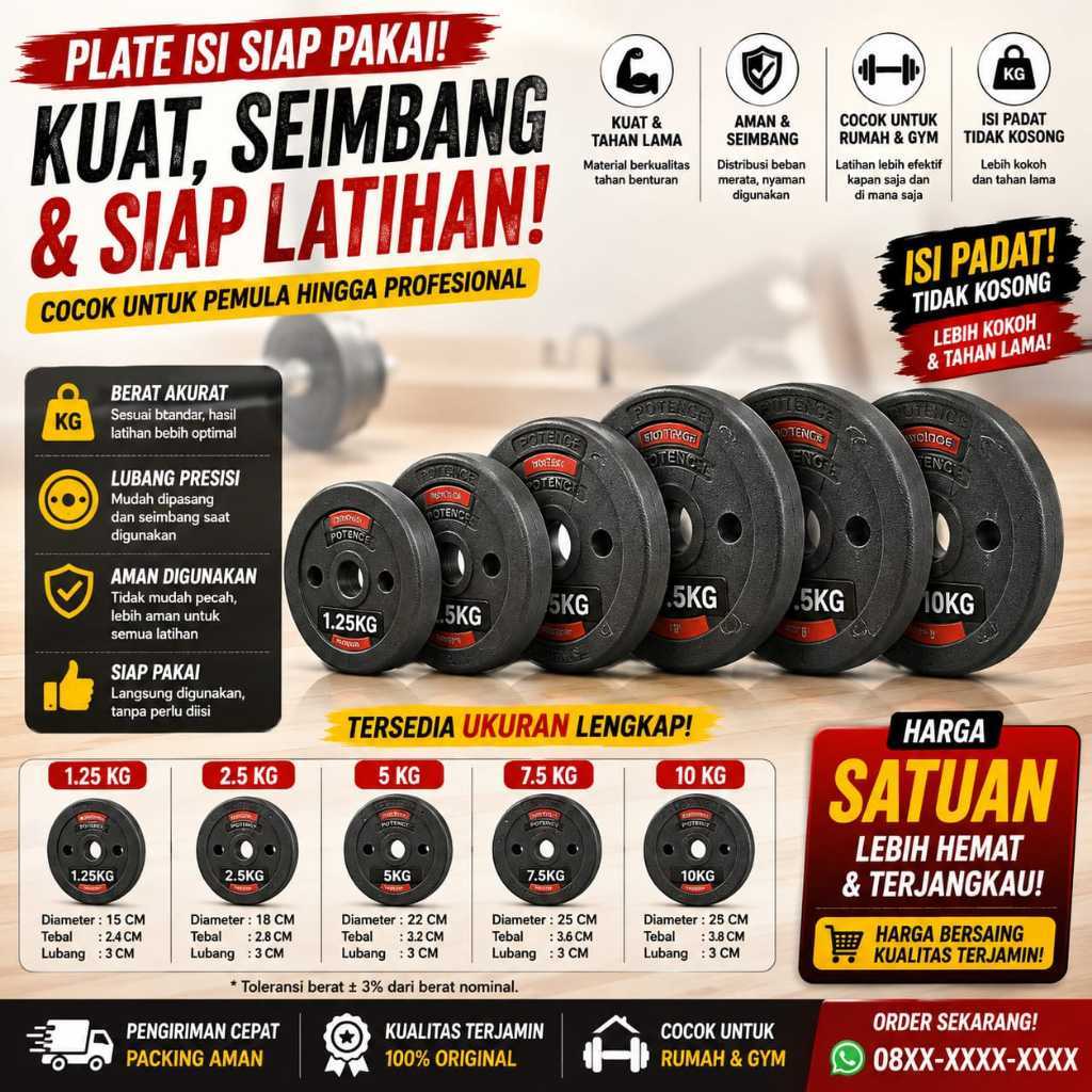 PLATE SIAP PAKAI Barbel Piring Dumbell POTENCE Plate Barbel Dumbel 5 kg Diameter 3CM PVC Barbel Plat