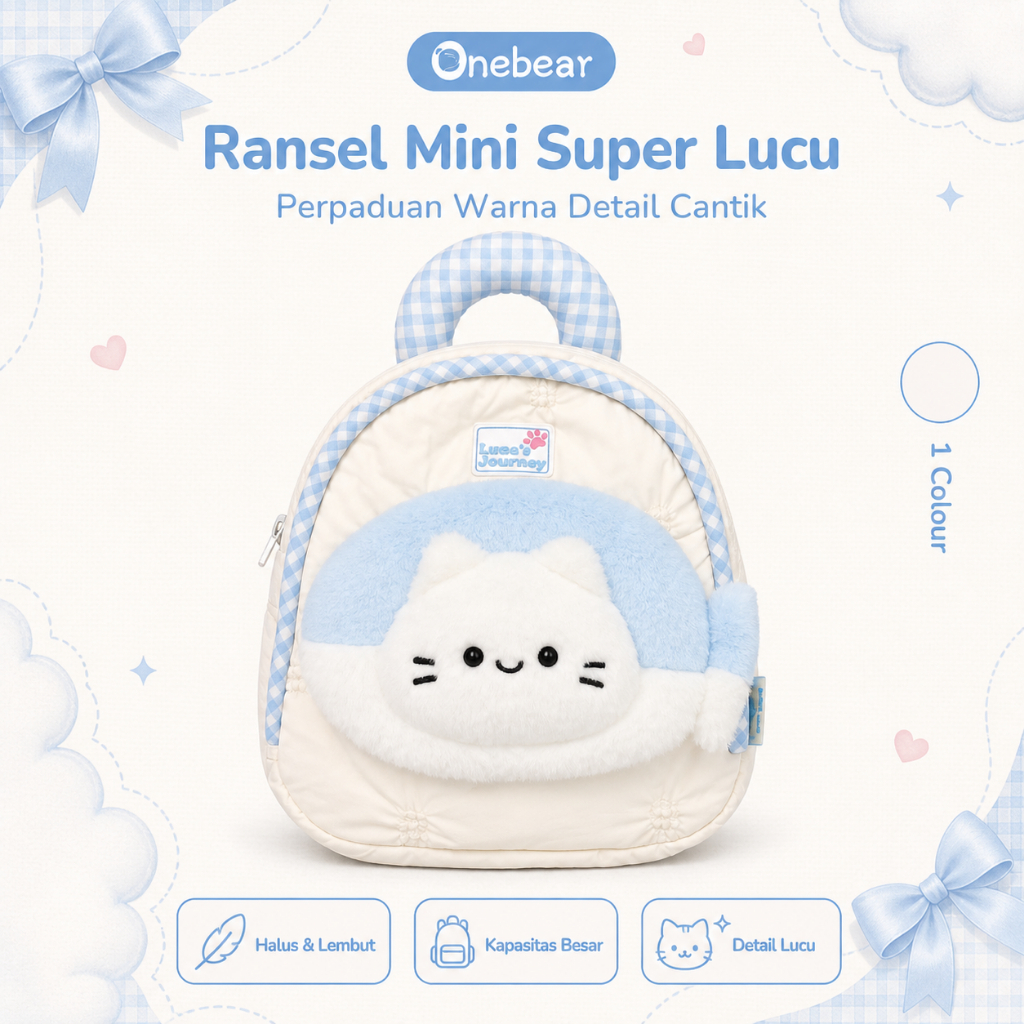 ONEBEAR Tas Ransel Wanita Mini Kanvas dengan Boneka Kucing Bulu, Ransel Lucu Aesthetic LM68