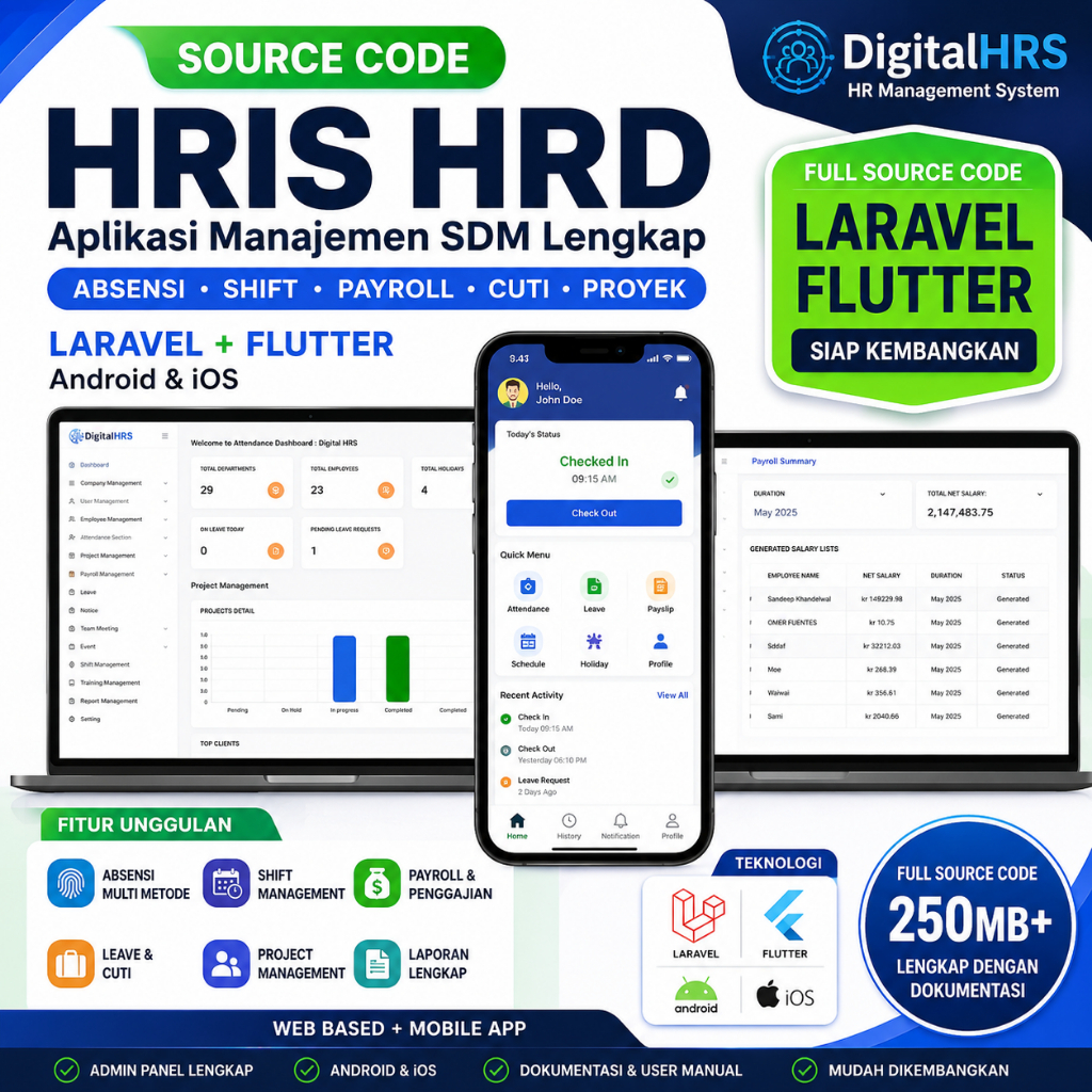 Source Code HRIS HRD Laravel Flutter | Aplikasi Absensi Karyawan, Shift, Payroll, Cuti & Manajemen S