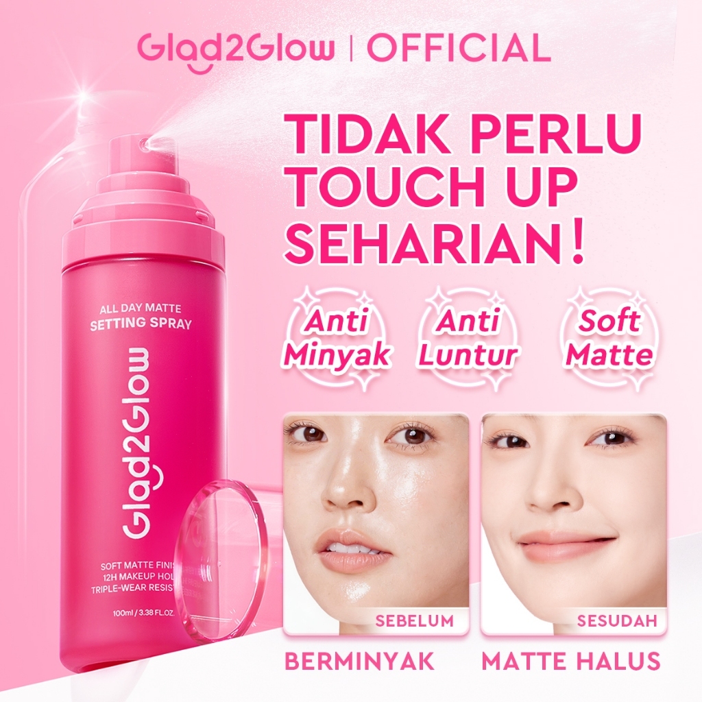 Glad2Glow All Day Matte Setting Spray Make up Flawless | 12H Tahan Lama | Soft Matte Finish | Powder