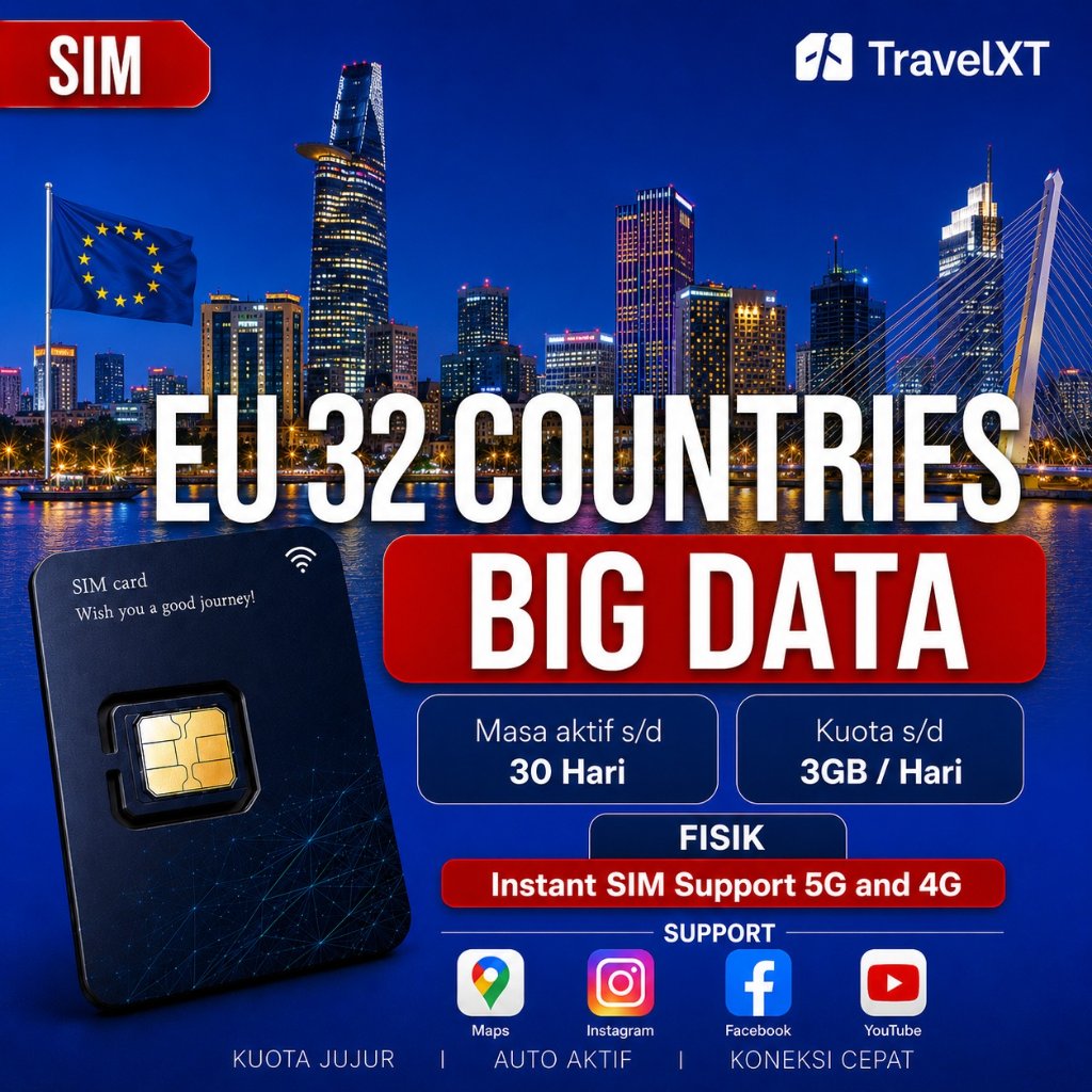 TravelXT SIM Eropa Europe 32 Negara Kuota 3-30 Days | SIM Eropa Big Kuota | SIM UK | SIM Austria | S