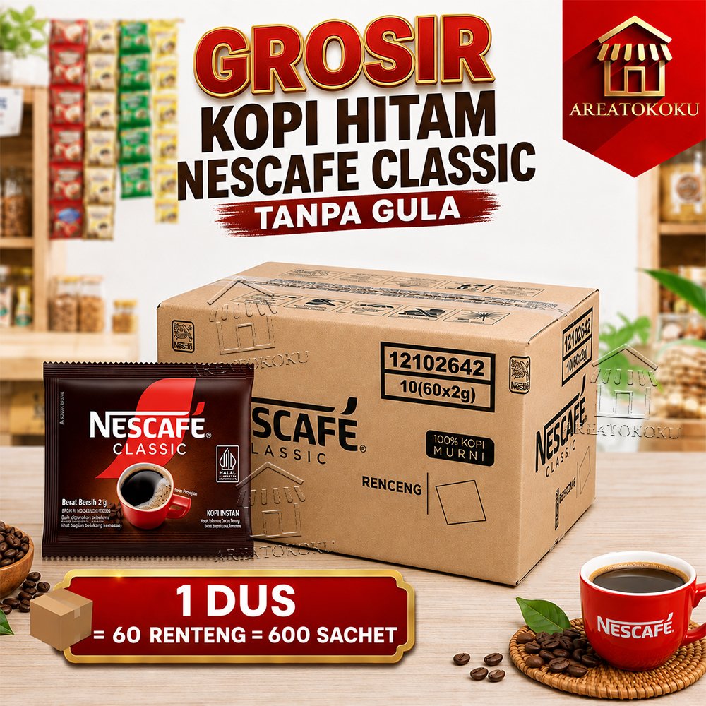 [1 Dus=60 Renteng=600 Sachet] Kopi Hitam Nescafe Classic Tanpa Gula Larut Cepat Tanpa Ampas