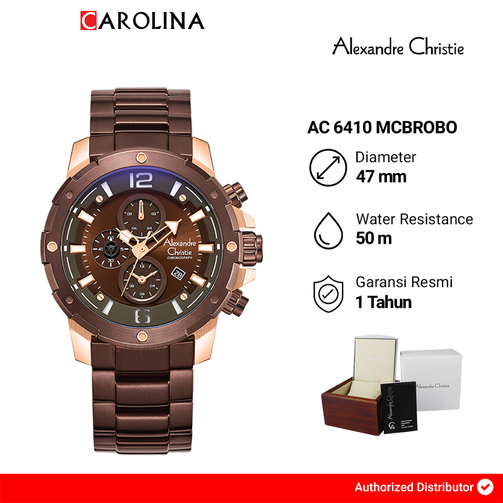 Jam Tangan Pria Alexandre Christie Chronograph AC 6410 MCBROBO Brown Dial Brown Stainless Steel Stra