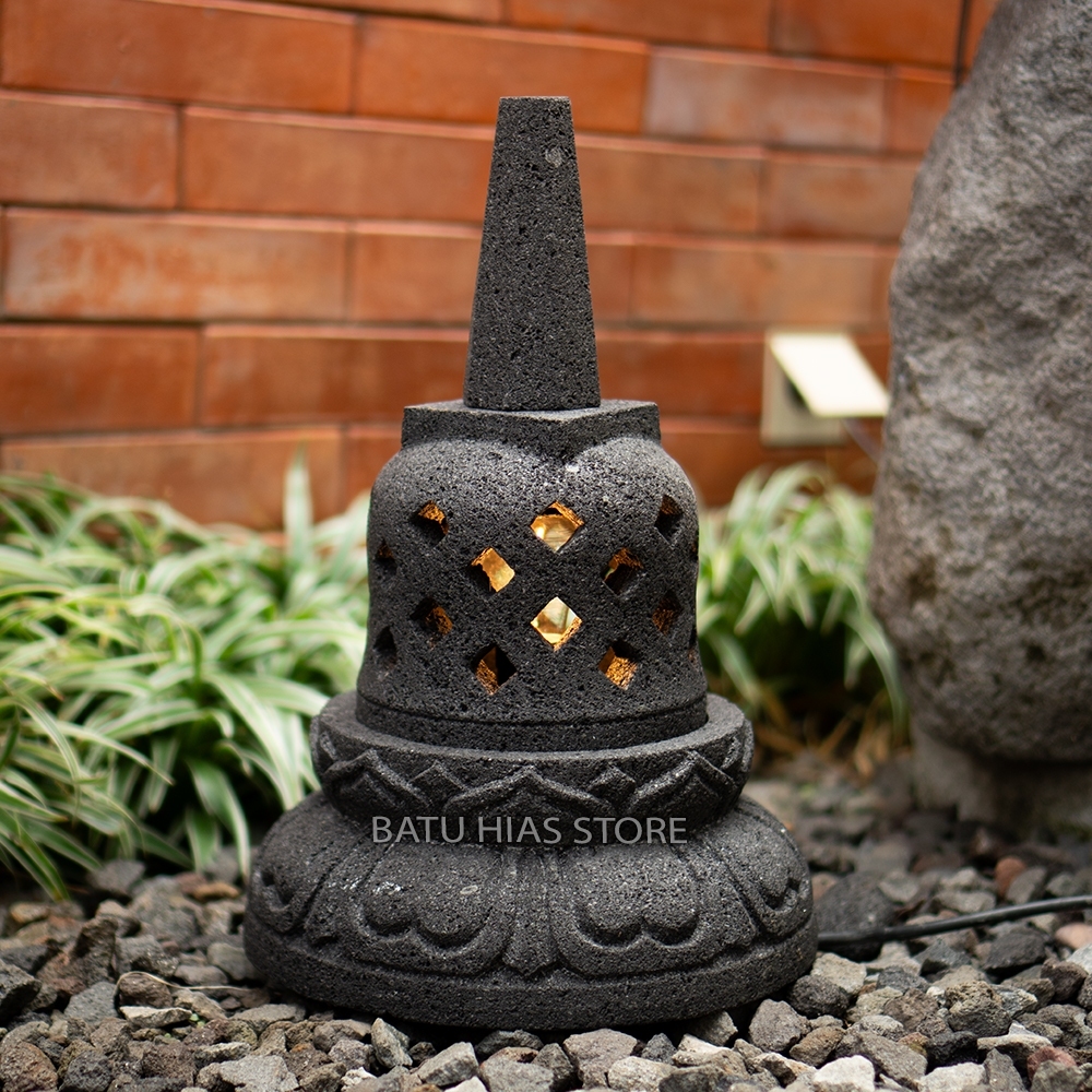 BATU HIAS Lampu Taman Stupa Candi Borobudur Lampion Hiasan Dekorasi Rumah Minimalis Batu Lava Asli D