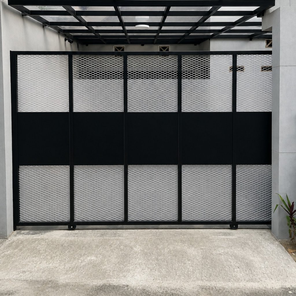 pagar rumah bukaan geser bahan plat esser dan expanda anti karat