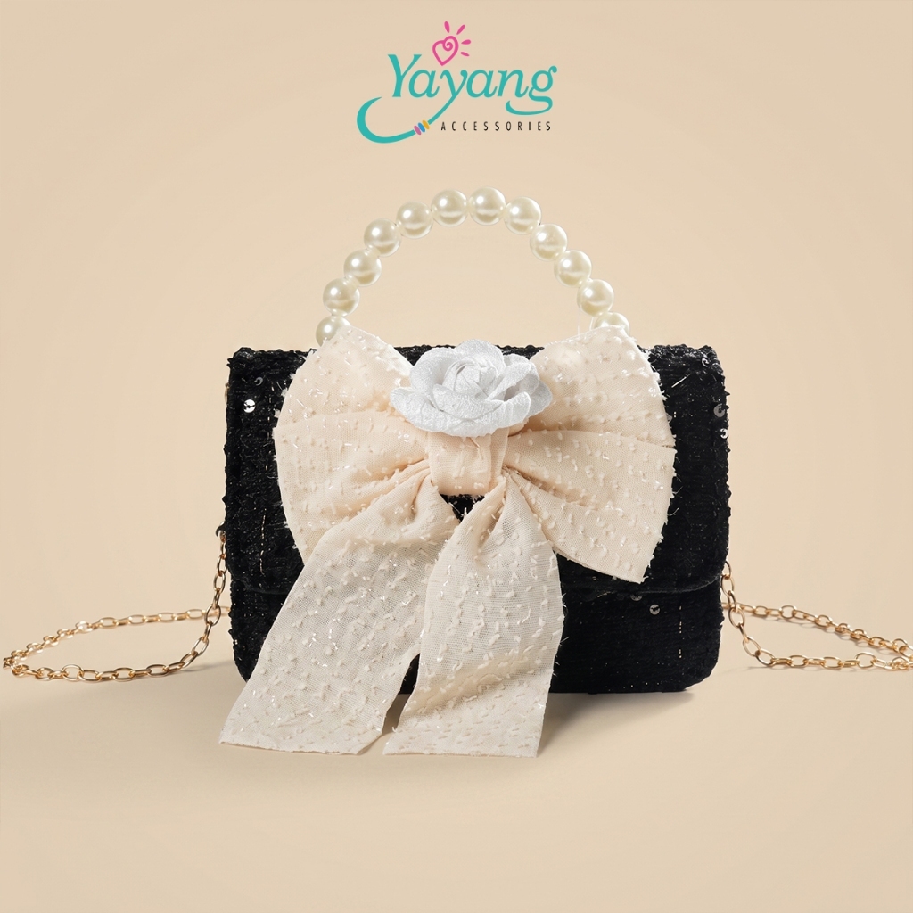 Yayang Tas Selempang Anak Perempuan Pita Besar Tweed Mini Sling Bag Tas Pesta Korean Style Elegan