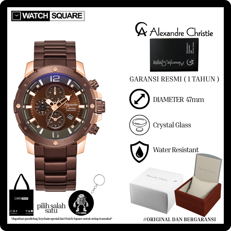 Jam tangan pria Alexandre Christie AC-6410 MCBROBO Brown Dial Rose Gold