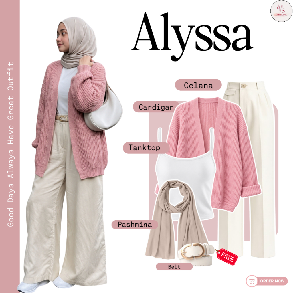 Setelan Hijab Remaja 4in1 Kekinian Korean Style / Cardigan Rajut, Celana, Tanktop, Pashmina / Alyssa