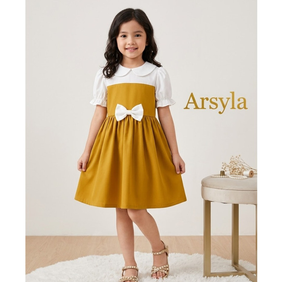 Arsyla Dress Anak Perempuan Lengan Pendek Gaun Midi Anak Kekinian  Usia 2 - 10 thn Model Staylis Kor