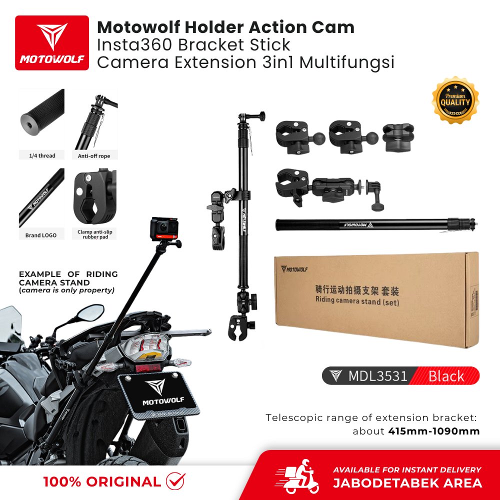 Motowolf Breket Extension Holder Kamera Motor GoPro Insta360 Stik 3 in 1 Multifungsi