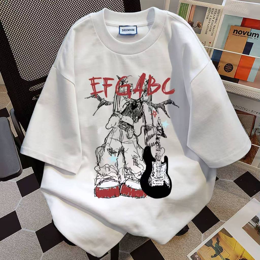 COD Tersedia Kemeja Kaos Oversize Putih Print Gambar Gadis Anime Gitar Listrik Sketsa Graffiti Huruf