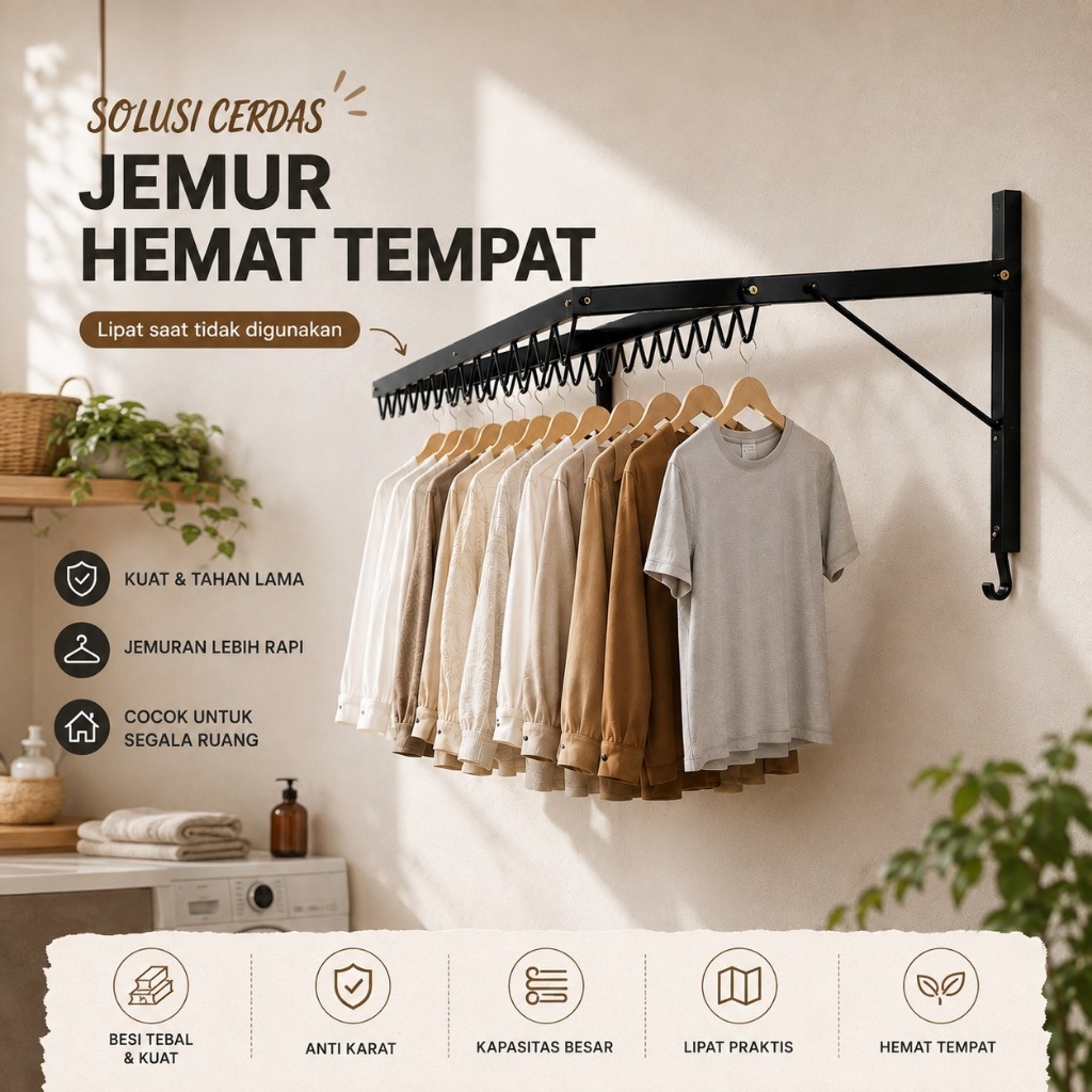 Jemuran Baju Lipat Dinding Double | Rak Jemuran Tempel Dinding Hemat Tempat Kokoh