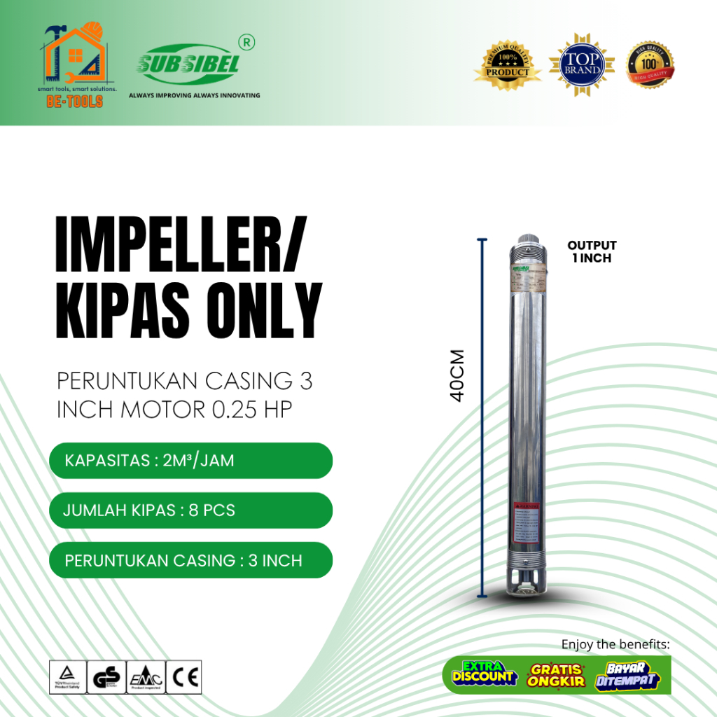Kipas / Impeller Pompa Air Submersible 3 Inch 2/8 0.25HP | Output 1 Inch | 2M³/Jam