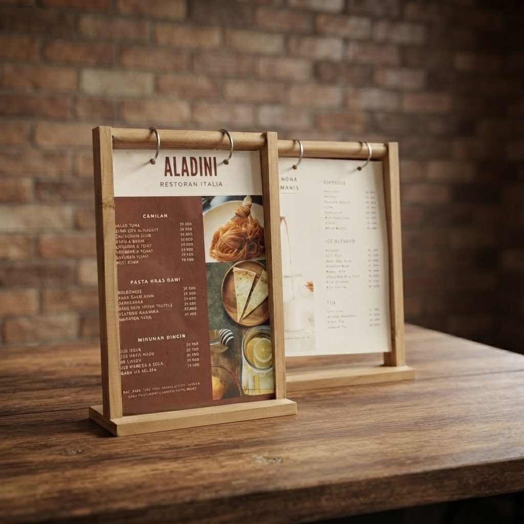 Stand Menu A5 kayu gantungan menu