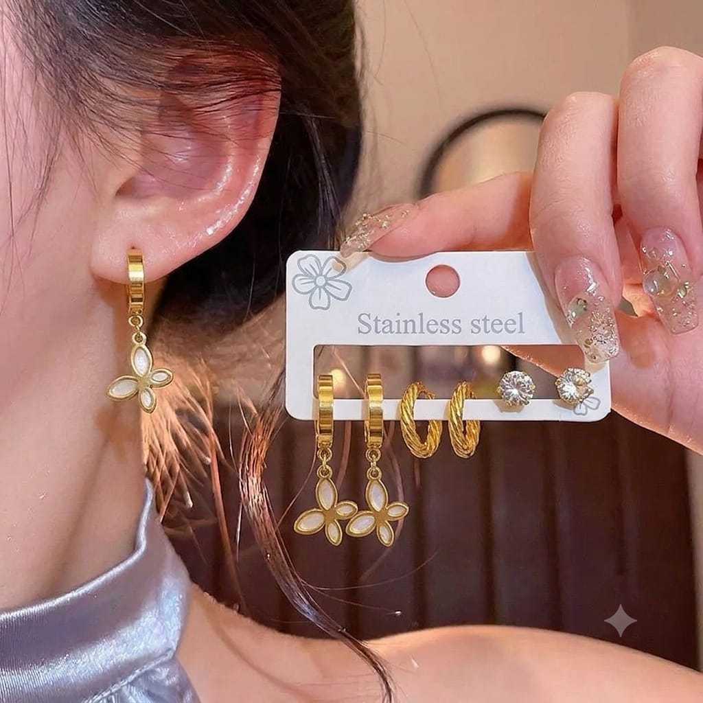 Starjewelry168 COD Anting Set Anting Titanium Kupu Putih Anting