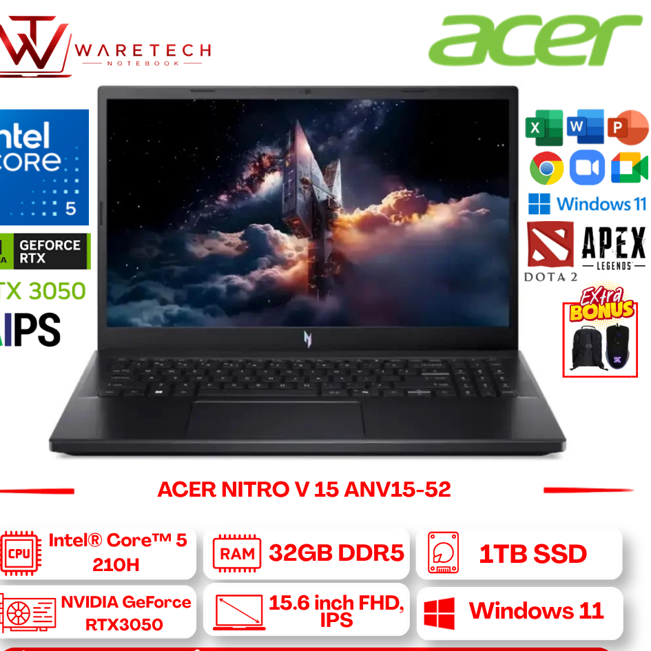 ACER Nitro V 15 Laptop Gaming ANV15-52 Intel Core 5 210H 16GB 1TB RTX3050 15 Inch IPS 180Hz BL