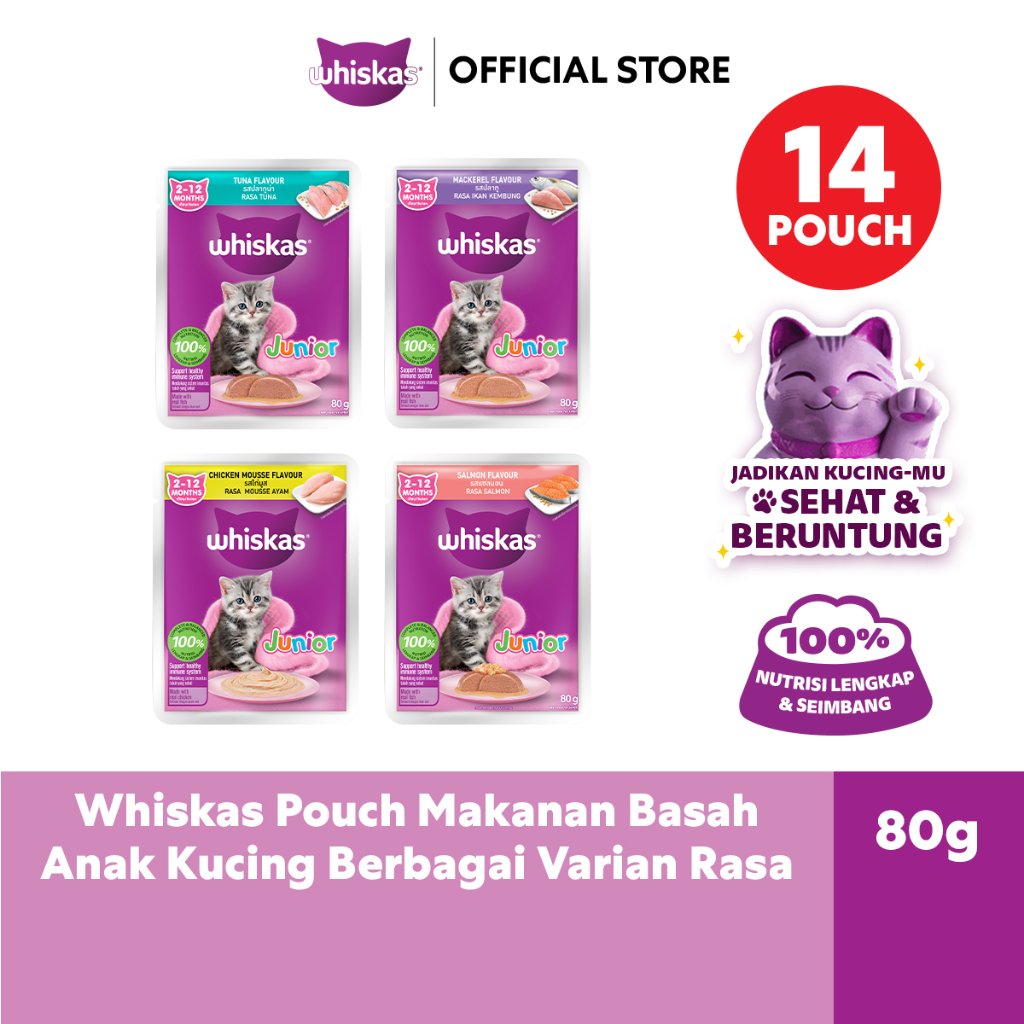 Whiskas Junior Makanan Anak Kucing Basah Pouch Pilih Rasa 80gr 14 Pack