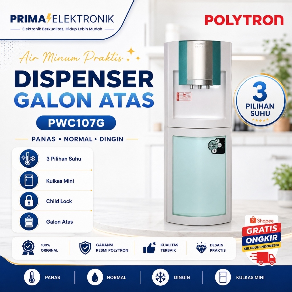 POLYTRON DISPENSER GALON ATAS PWC107G PWC-107G HIJAU 3 SUHU DENGAN KULKAS MINI